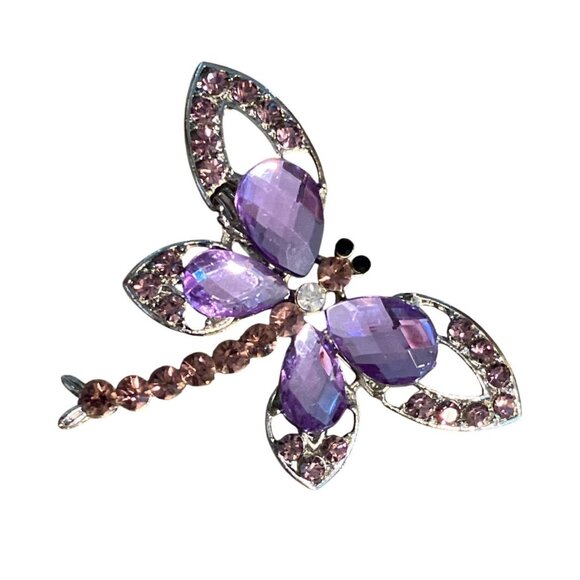 Purple Gemstone Dragonfly Brooch Pin  Silver-Tone Metal Elegant Jewelry Accessor - Picture 3 of 7